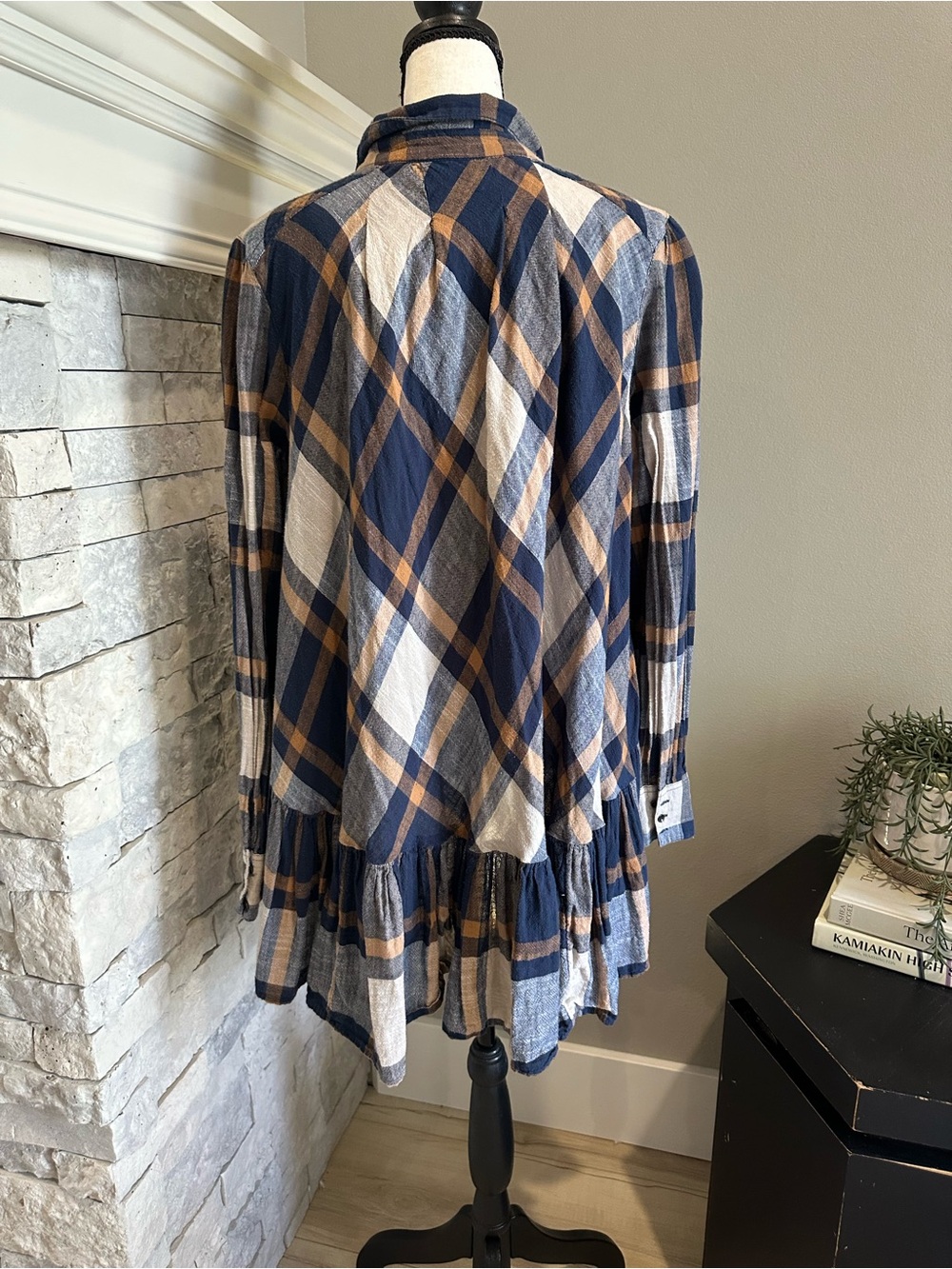 Free People Top Preppy In Plaid Button Front Tunic High Low Blue Orange - Picture 4 of 5